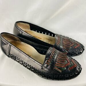 Rieker Sportlich Black and Brown‎ Leather Tassle Woven Loafers Size 9